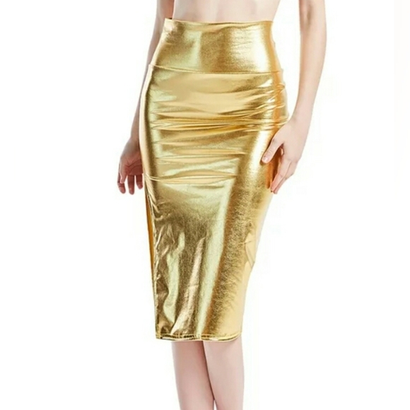 NEW Hybrid & Company Metallic Gold Wet Look High Waist Stretchy Bodycon Skirt - Picture 4 of 12